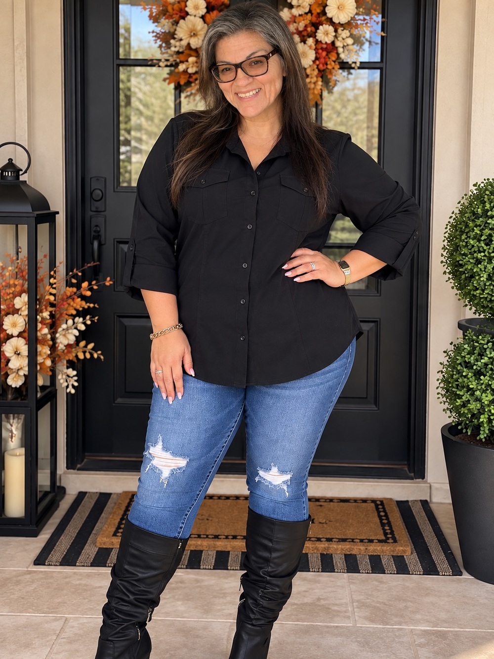 Cato Black Button-Front Women's Shirt with Classic Collar